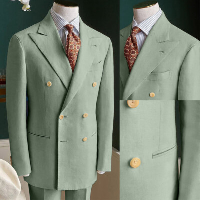 Summer Men's Mint Green Suits 2 Pieces Slim Fit Double Breasted Jacket +Trousers