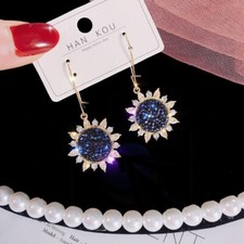 Sunflower Dangle Drop Earrings for Women,Elegant Blue Crystal Flower Earrings