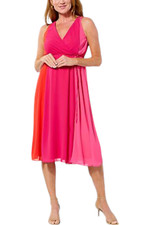 Nina Leonard Women's Colorblock Dress w Smocked Back Orange/Hot Pink