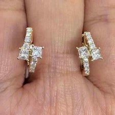Real Moissanite 2CT Princess Huggie Hoop Earrings 14K Yellow Gold Plated Silver