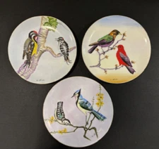 Vintage Set of 3 Hinode Hand-Painted Bird Plates Japan Signed K Okada