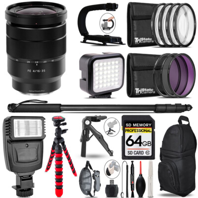 Sony Vario-Tessar T* FE 16-35mm ZA Lens - Video Kit + Flash + Monopad - 64GB Kit