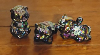Set Of 3 Vintage Fenton Painted Plum Carnival Glass Bear Figurines Signed