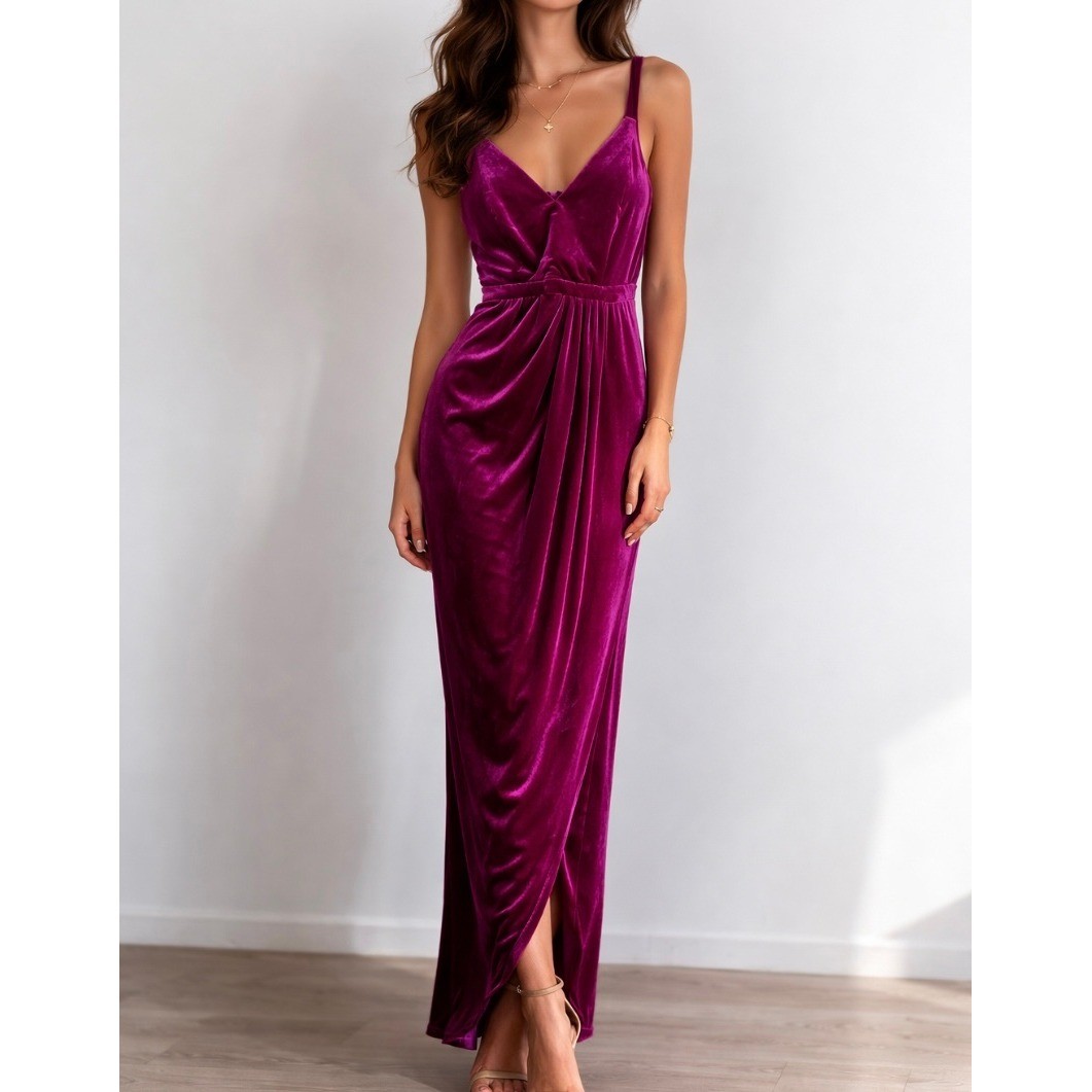 Nightway Magenta Stretch Velvet V Neck Faux Wrap Maxi Dress Womens 14W Nightway Magenta Stretch Velvet V Neck Faux Wrap Maxi Dress Womens 14W