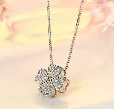 1Ct Round Cut  Real Moissanite Clover Pendant Necklace 14k White Gold Plated