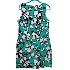 AGB Floral Sheath Dress 16 Teal Black White Sleeveless Round Neck Knee Length