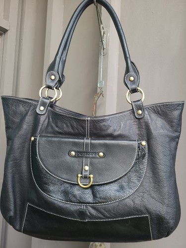 Puntotres Large Zip Tote Black Pebble Leather Shoulder Bag w/Pockets Made Spain