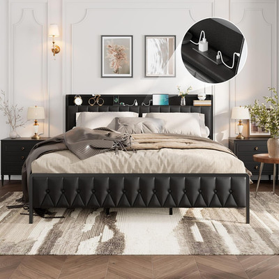 Stylish King Bed Frame with Faux Leather, Charging Station & Storage - Black