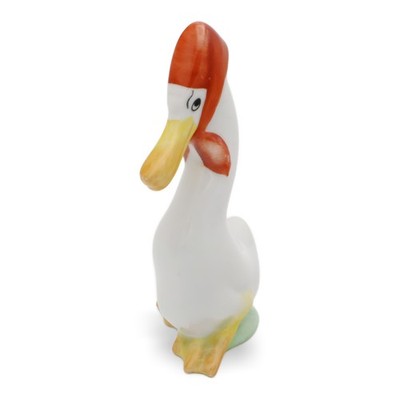 Herend Porcelain Goose Figurine Wearing Red Bonnet - Hungary Hand Painted Animal