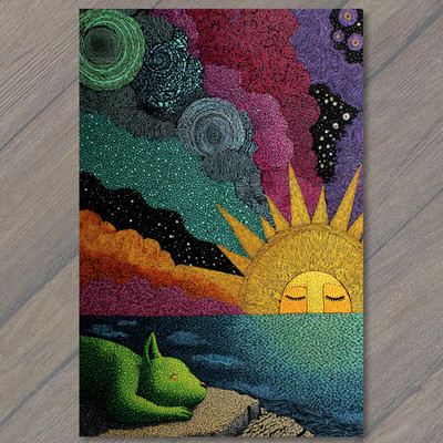 Art Print Sleeping Cat Night Sky Sunrise Stars Surreal Fantasy Pattern