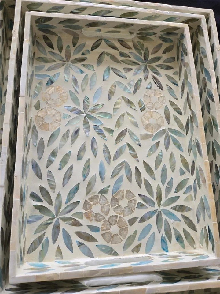 == Tozai Home 3 PC Decorative Serving Tray Set Inlay Aqua Jewel Tones Handmade - Image 2 of 4