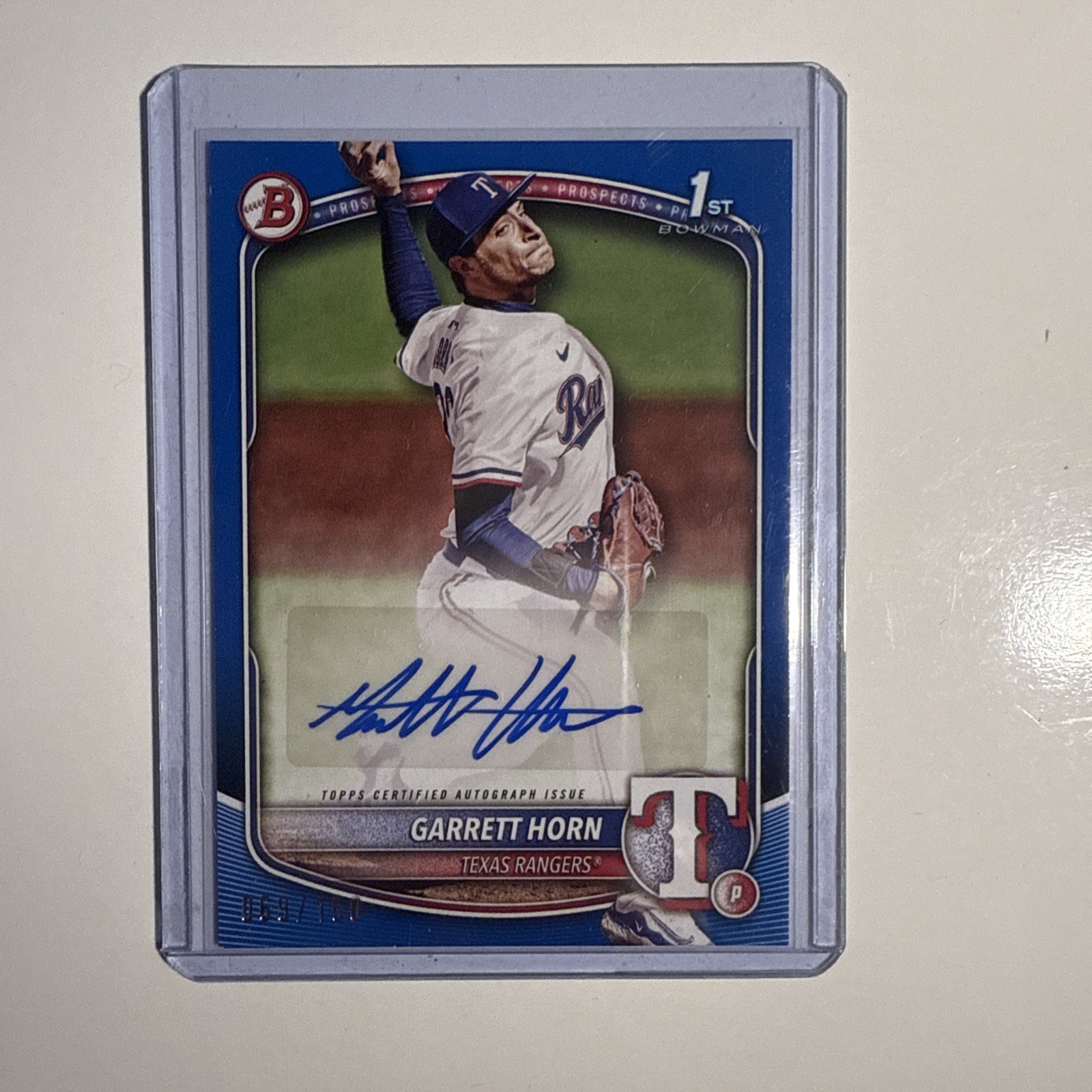 2025 Bowman 1st Garrett Horn Blue Auto /150 Texas Rangers Prospect