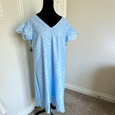 SHEIN Curve 1XL Blue Solid Lace Shift Midi Dress V-Neck Flutter Short Sleeve