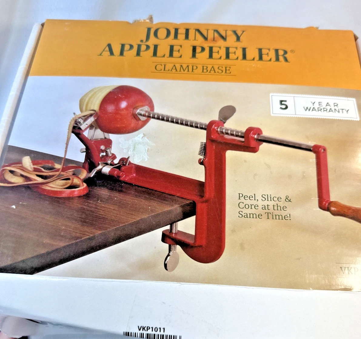 Johnny Apple Peeler Countertop Red Clamp Base Mount Wood Handle In Original Box