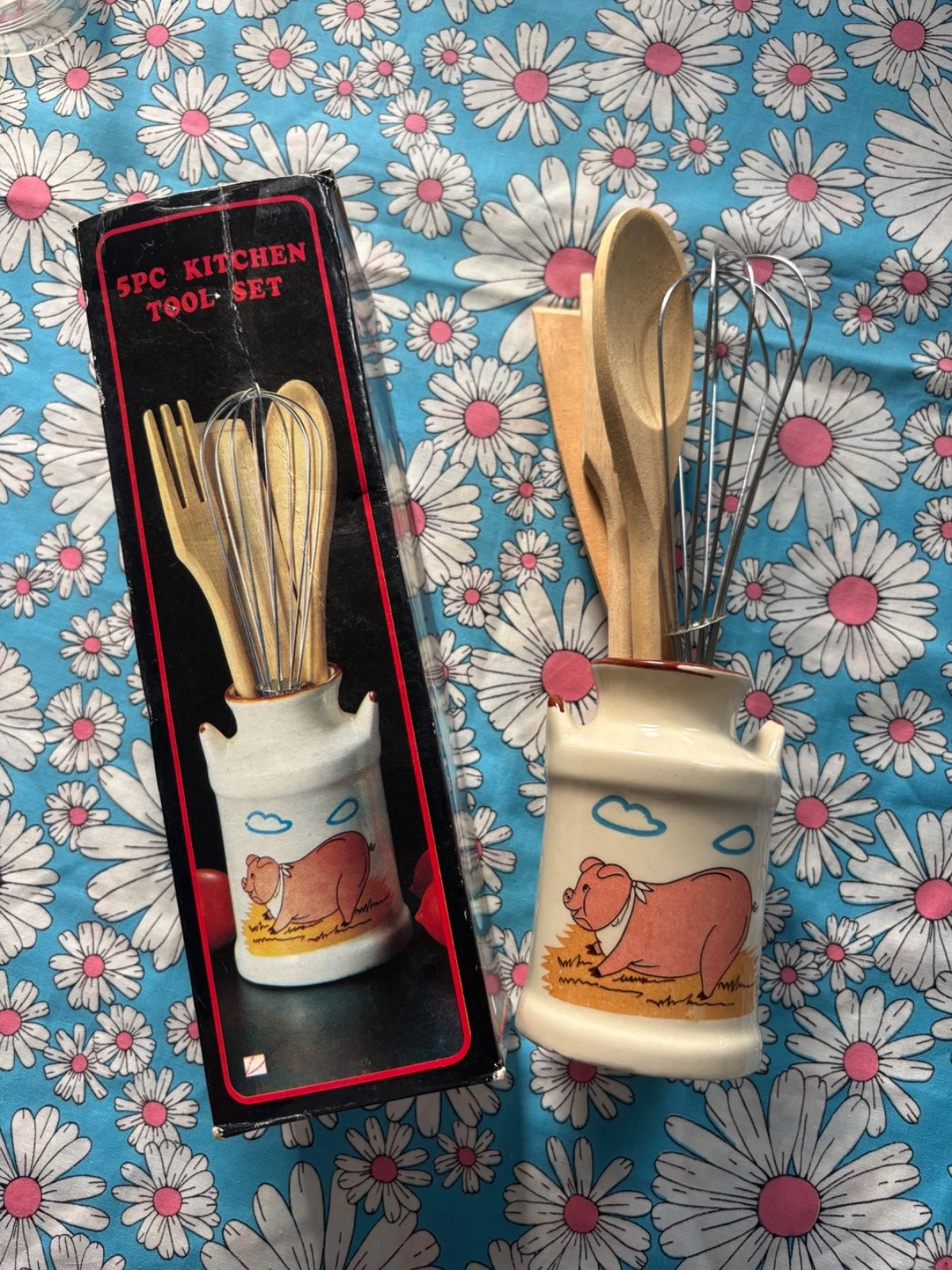 Ceramic 5 Piece Kitchen Utensil Set-1970s Pig design, wooden spoons and whisk