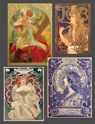 Set of 4 ALPHONSE MUCHA Art Nouveau - Photo POSTCARDS  - 4 x 6 in each