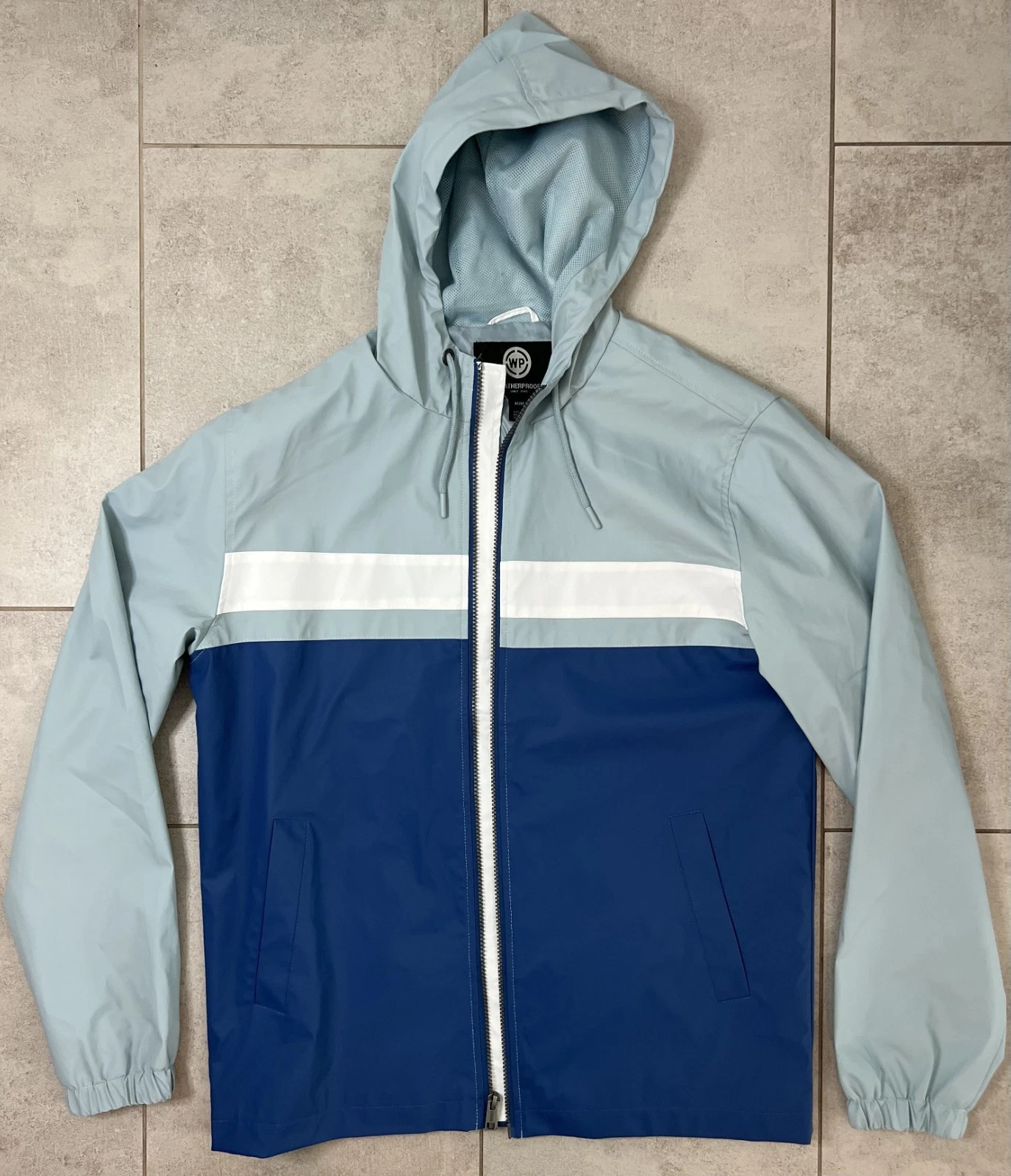 Weatherproof Men's Hooded Windbreaker M | White/Blue Waterproof, Lightweight