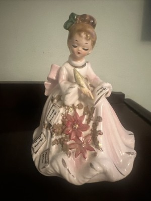 Josef Originals December Musical Box Christmas Cards Poinsettias Figurine Music
