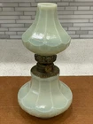 Antique Miniature Beaded Milk Glass Oil Lamp, Greenish to White Color, 9"