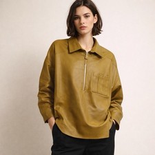 Women French Connection Leather-look Half-zip Shirt Khaki Size M New with Tags