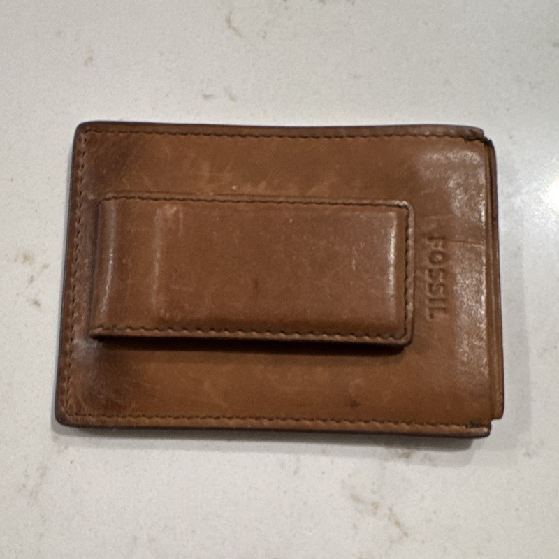 Fossil Mens Brown Solid Wallet Money Clip Logo Accent Mens Accessories