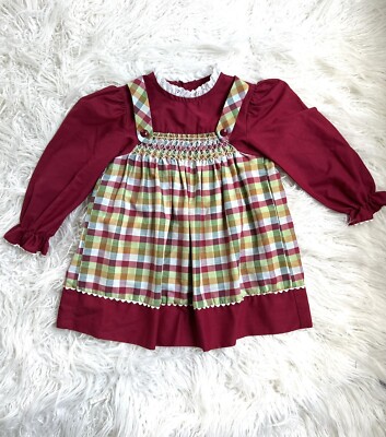 Vintage Polly Flinders Toddler Dress 3T Hand Smocked Fall Christmas Plaid  Red