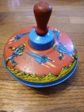 VINTAGE 1960's Buck Rogers Space Ship OHIO ART TIN 5" Spinning Top, Retro Toy