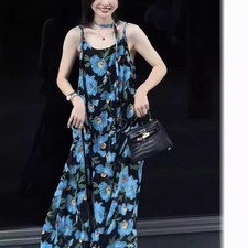 2024 Summer Womens Dress French Beach Blue Floral Printed Long Dress Strap Dress