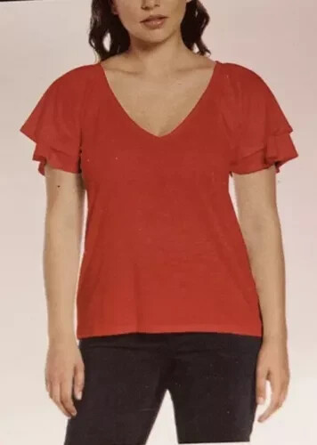Rafaella Ladies Knit V-Neck Ruffled Short Sleeve Fashion Top