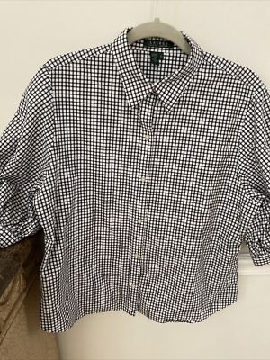 Ralph Lauren Button Up Black Gingham 3/4 Puffs Sleeve Shirt Size XL Cotton
