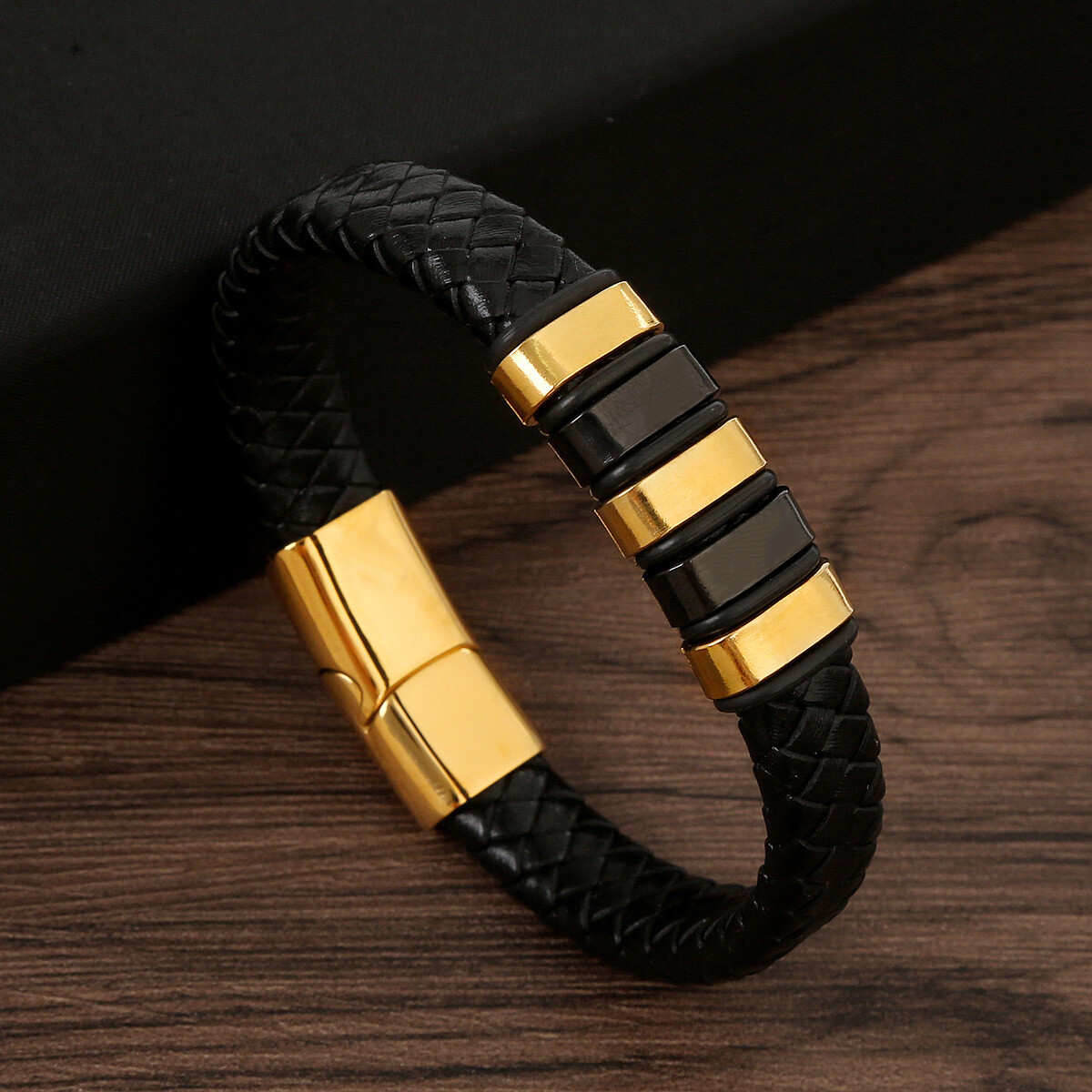 Ulsera Brazalete de Cuero Trenzado de Acero Inoxidable para Hombre y Mujer Negro
