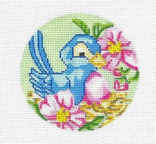 Bluebird in a Nest w/ Flowers handpainted Needlepoint Canvas by Starke Art CBK