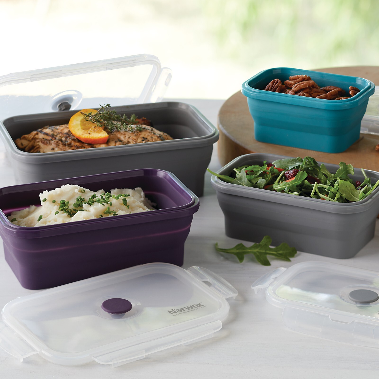 NORWEX Silicone Food Storage Containers, Set Of 4, Collapsible Space