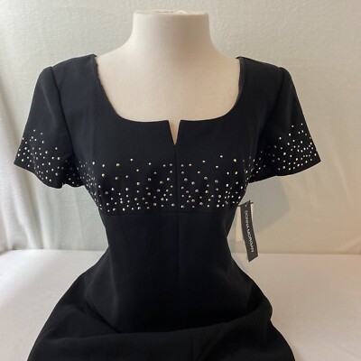 Donna Morgan Black Sheath Dress w/ Short Shear Shiny Beaded Sleeves Size 8