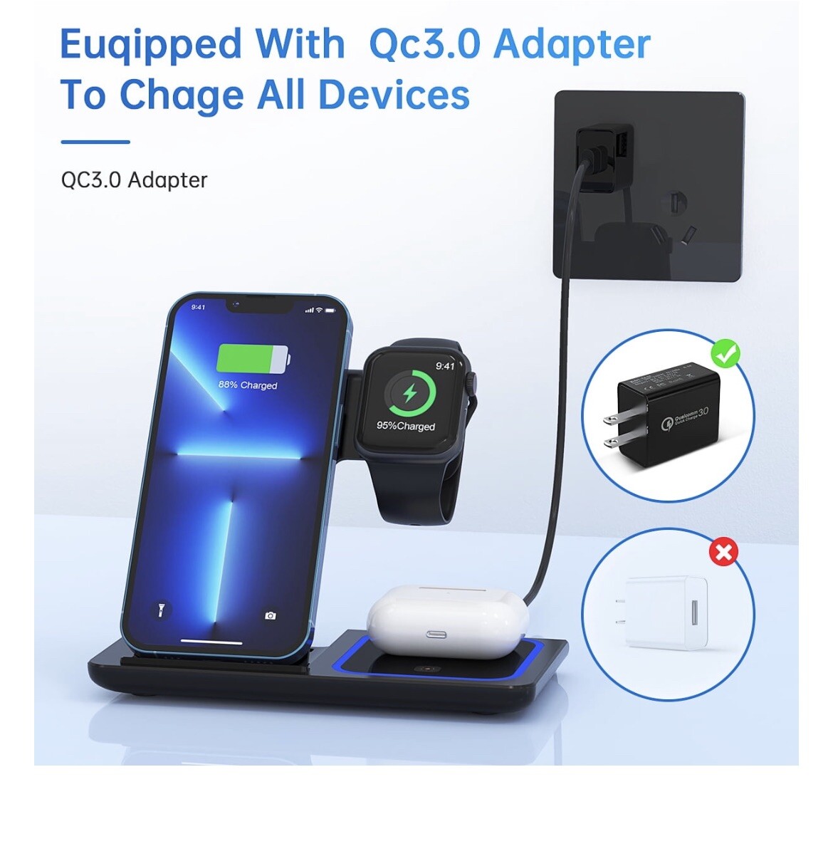 Wireless Charger, 3 in 1 Qi-Certified 15W Fast-image