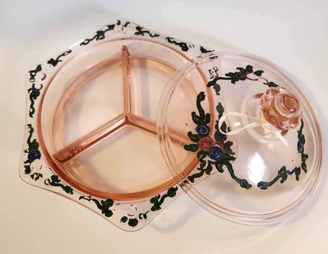 Vintage Pink Depression Glass Divided Trinket Nut Candy Dish Hand