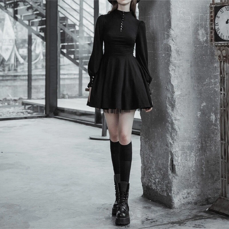 Lady Pleated Dress Mini Puff Sleeve Lace Up A-line Gothic Punk Black Sexy Slim - Image 3 of 4