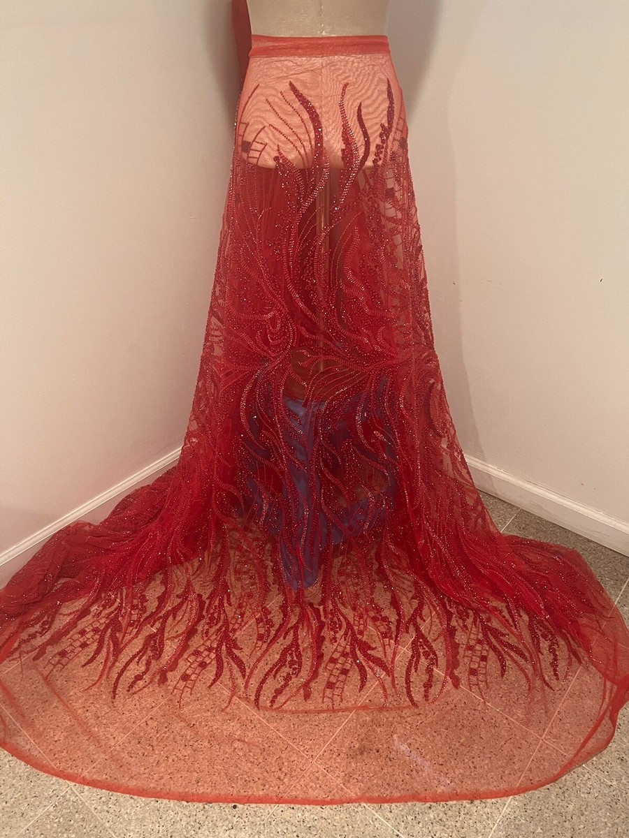 RED Beaded Rhinestone Embroidery Bridal Lace Fabric 50” Width Yard