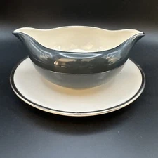 GORHAM Fine China gravy boat with attached underplate Peacock Blue Silver trim