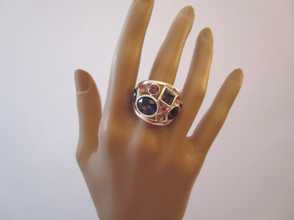 Cocktail Ring Fingerring Damenring Stretchring Silber Lila Rosa Strass Alu Trend - Bild 2 von 4