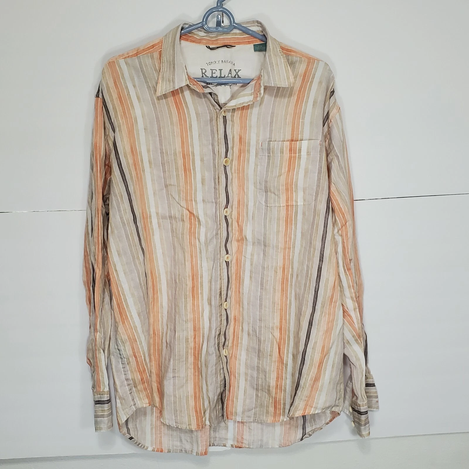 Tommy Bahama Relax 100% Linen Button Down Shirt White Orange Striped Mens Sz L