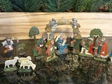 Kuhn Zinn Pewter 15 Piece Nativity Scene Stable Holy Family Kings Sheep Trees