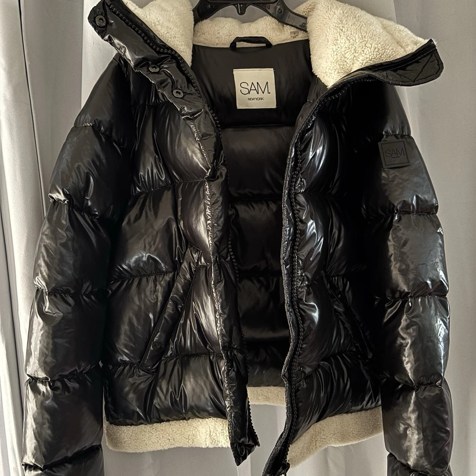 SAM. Abrigo Chaqueta New York Gigi Negro Brillante Plumón Puffer Borde Oveja