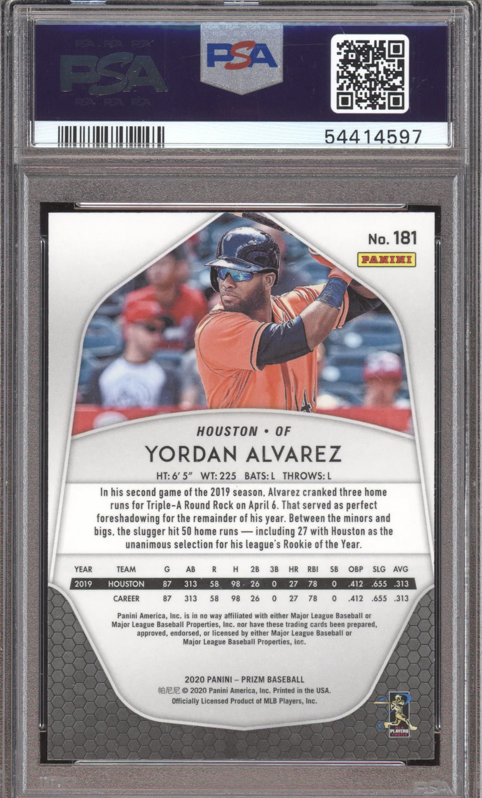 2020 Panini Prizm Yordan Alvarez #181 PSA 10 view 2