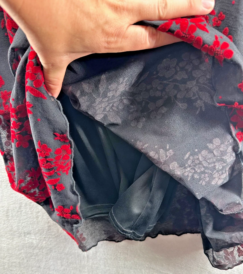 Vestido ajustado vintage Y2K años 90 talla M negro rojo flocado floral maxi caprichoso Foto 3 de 4