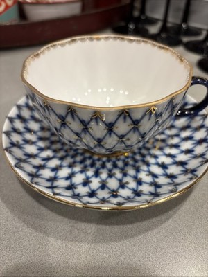 Imperial Porcelain Cobalt Net Teacup and Saucer Set LFZ Lomonosov Tea Cup 8.5 oz