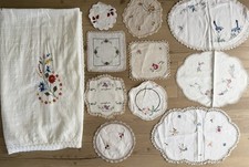 Vintage Embroidered Tablecloth Doilies Placemats Set Of 11 Handcrafted Linen 