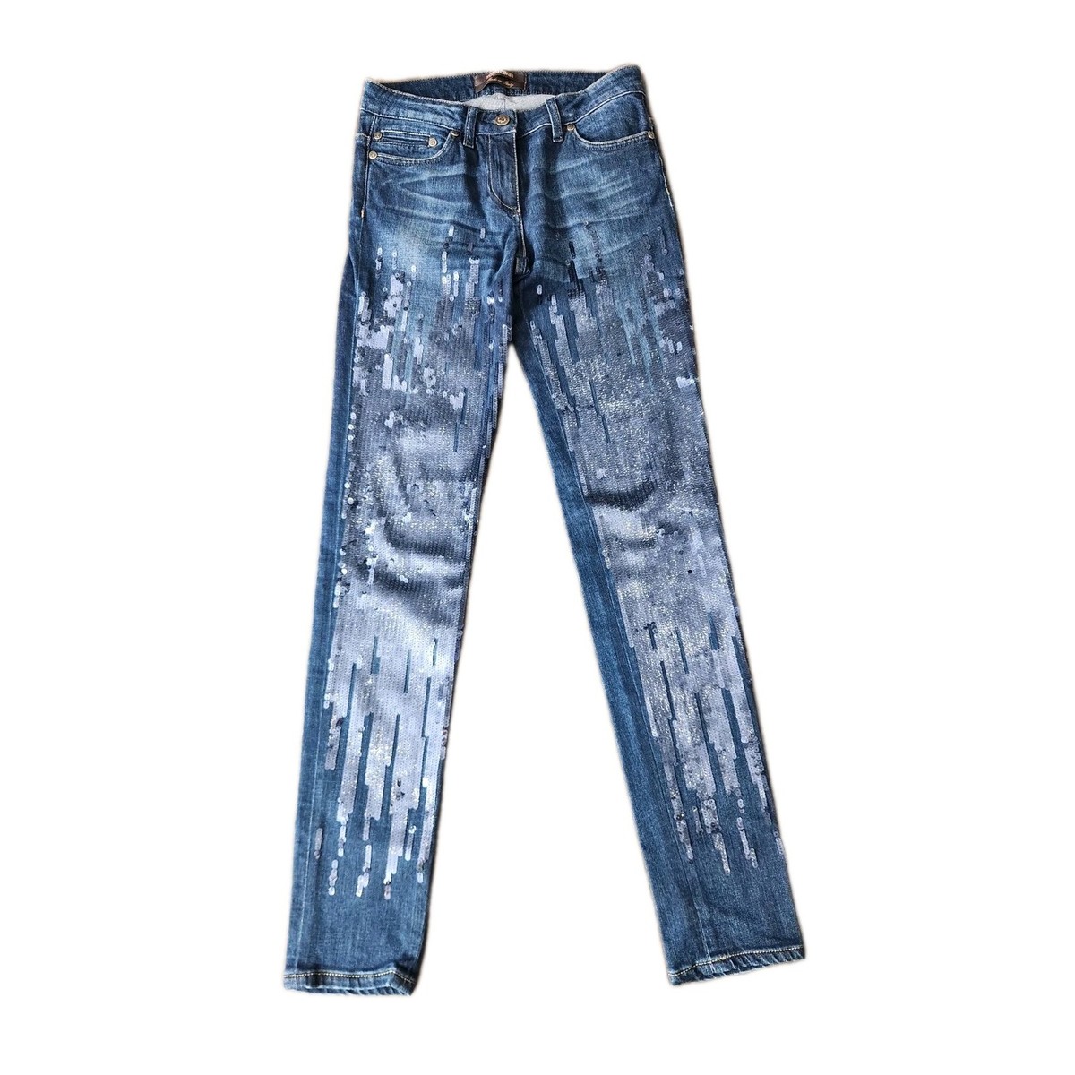 Roberto Cavalli ストレートデニム Y2K イタリア製 Roberto Cavalli Vtg Y2K Dark Blue Embellished Sequin Denim Low