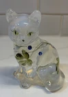 Fenton White Opalescent Glass Cat Hand Painted And Signed