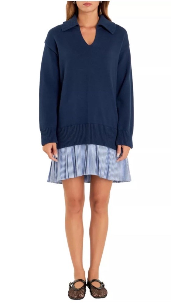 English Factory Mixed Media Pleated Mini Dress Size M Navy Blue